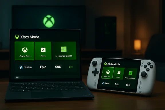 Xbox Mode dashboard with green tile icons on a laptop and a handheld gaming device.