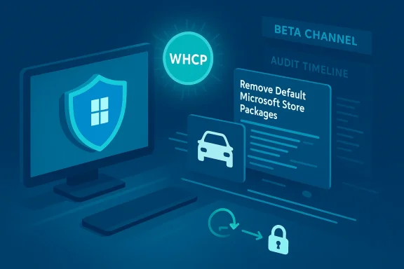 A blue security dashboard featuring WHCP, shield icon, beta channel, and removing default Microsoft Store packages.
