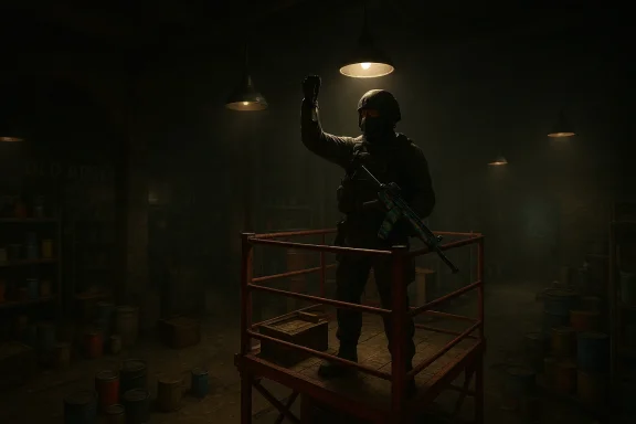 Masked soldier on a red scaffold in a dim, industrial warehouse raises a fist beside a colorful rifle.