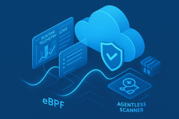 Cloud security with an eBPF agentless scanner and runtime telemetry logs.