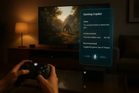 A gamer holds an Xbox controller while a holographic Gaming Copilot panel offers tips and a recommended game.