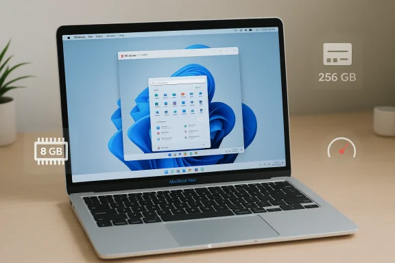 MacBook Neo running Windows 11 with 8 GB RAM and 256 GB storage. MacBook Neo running Windows 11 with 8 GB RAM and 256 GB storage.