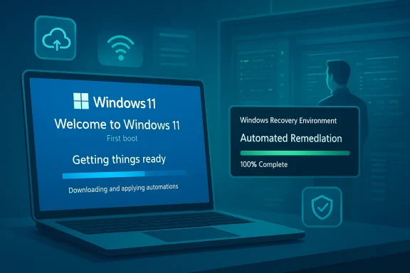 Windows 11 setup on a laptop showing the Welcome screen and Recovery Environment remediation at 100%.