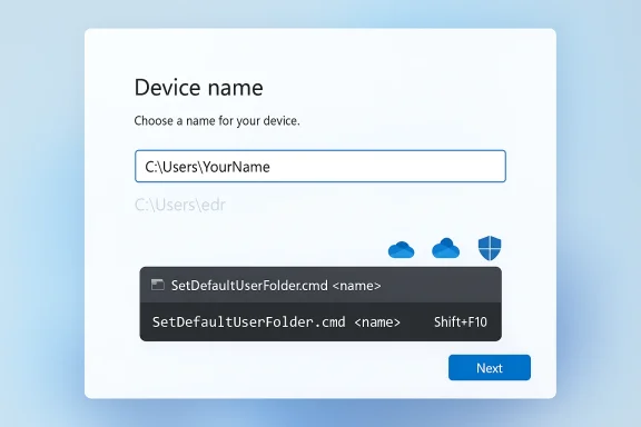 Windows setup dialog asking for a device name, showing a sample C:\Users\YourName path and a Next button.