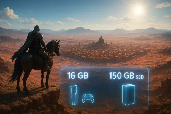 A hooded rider on horseback overlooks a desert city as a glowing 16 GB/150 GB SSD hologram floats nearby.