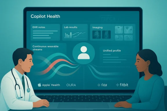 A doctor and patient review a Copilot Health dashboard on a large laptop.