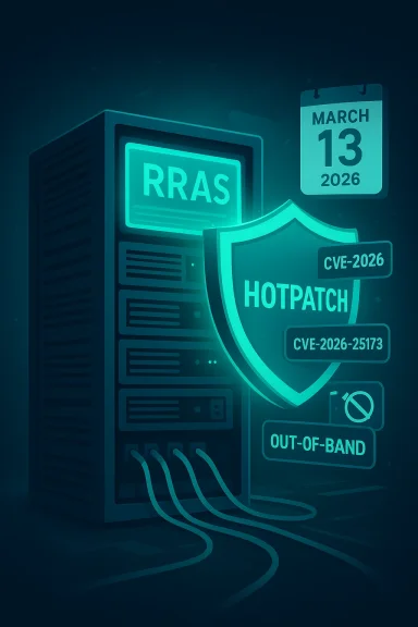 A glowing server shows RRAS with a HOTPATCH shield and CVE tags.
