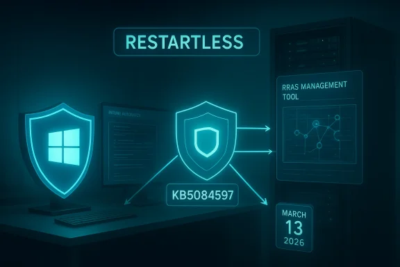 Futuristic cybersecurity scene with neon shields and the word RESTARTLESS.