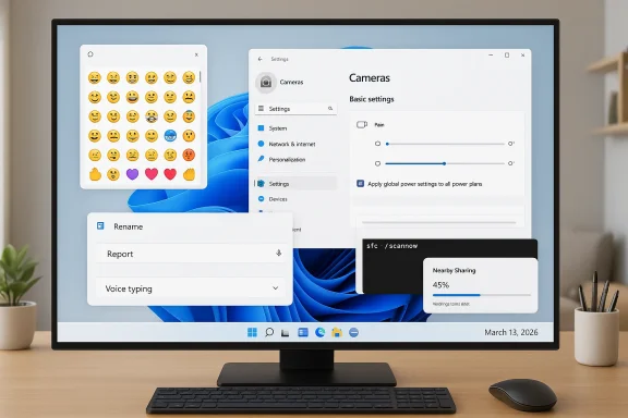 A computer monitor on a desk shows Windows 11 with several floating windows (emoji panel, Settings, sharing).