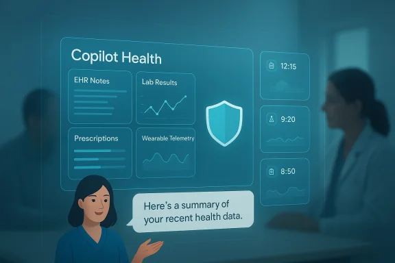 A holographic health dashboard labeled 'Copilot Health' displays notes, lab results, prescriptions, and wearable data.