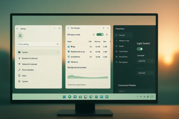 Monitor displays three Windows-like UI panels: Settings, Task Manager, and Power options.
