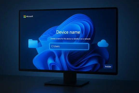A Windows setup screen on a monitor prompting to name the device.