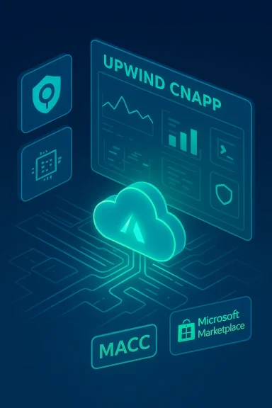 Neon-blue cloud computing dashboard showcasing UPWIND CNAPP with icons and marketplace logos.