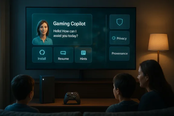 Family watches a large screen displaying 'Gaming Copilot' with Install, Resume, and Hints.