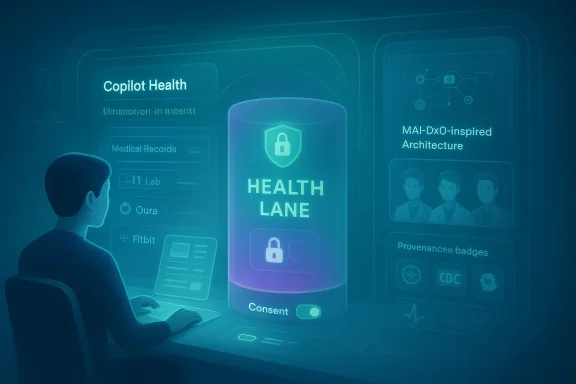 A person at a futuristic desk watches a glowing HEALTH LANE console with a consent toggle.