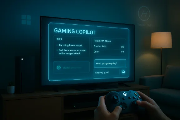 A living room gaming setup with a neon blue 'Gaming Copilot' HUD on the TV and an Xbox controller.