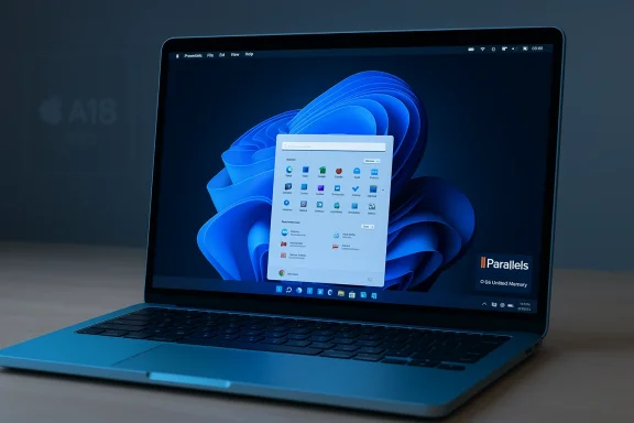 MacBook running Windows via Parallels, with a Windows app window on a blue abstract wallpaper.