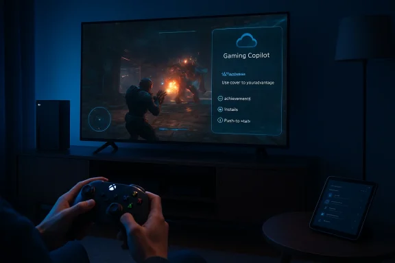 Gamer plays a console game on a large TV, with a Gaming Copilot UI panel on display.