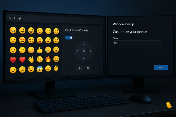 Dark dual-monitor setup: emoji picker on the left, Windows setup on the right, with a tiny yellow bird on the desk.