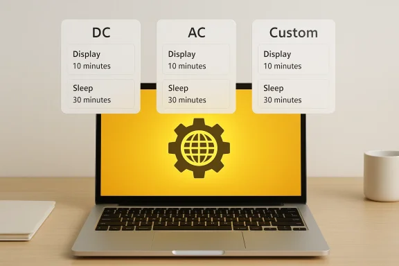 A laptop screen glows yellow with a gear icon, while DC/AC/Custom power settings cards hover above.