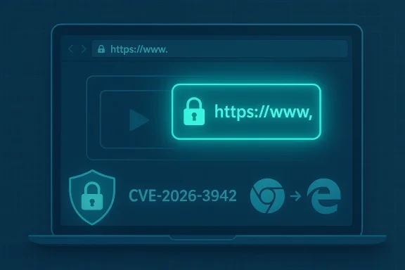 Neon cybersecurity illustration: a laptop shows an HTTPS lock and CVE-2026-3942 alert.