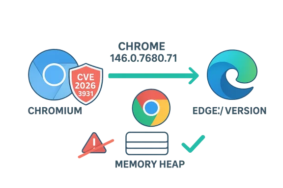 Illustration of Chrome moving from Chromium (CVE-2026-3931) to Edge, with memory heap icons.