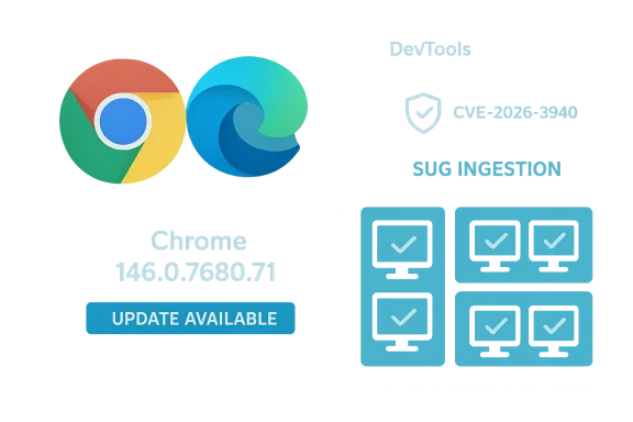 Chrome and Edge logos with 'Update Available' for Chrome 146.0.7680.71 and CVE-2026-3940.
