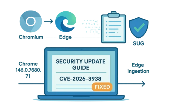 Security update guide showing CVE-2026-3938 fixed for Chromium and Edge.