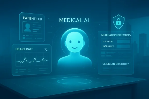Futuristic Medical AI interface showing a friendly avatar and patient data holograms.
