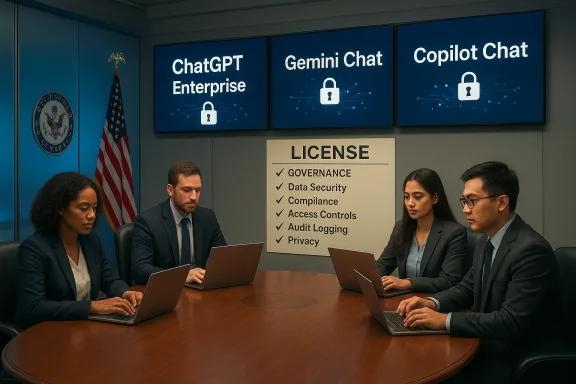 Four professionals in a boardroom review license governance and data security.