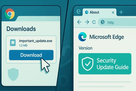 Two devices show a download prompt for important_update.exe on the left and Edge's About page on the right.