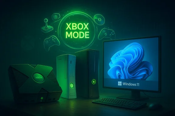 Neon-green Xbox Mode scene with classic Xbox consoles, a PC setup, and a Windows 11 monitor.