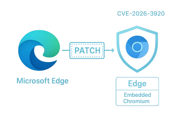 Edge patches a Chromium vulnerability (CVE-2026-3920) in a teal diagram.