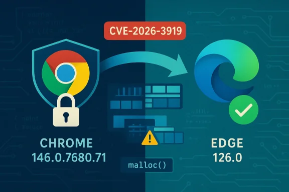 Illustration of CVE-2026-3919 cross-browser vulnerability from Chrome to Edge.