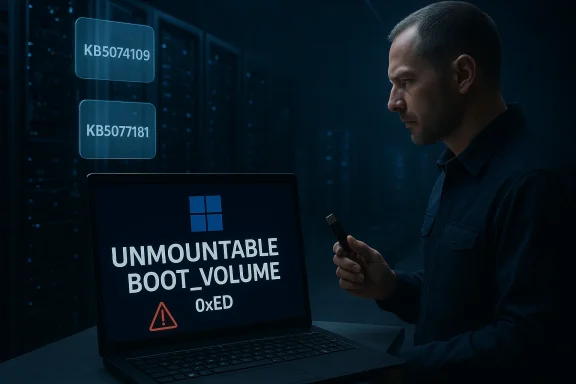 Tech in a server room inspects a Windows PC error: UNMOUNTABLE BOOT_VOLUME (0xED) on a laptop.
