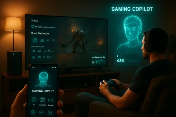 Gamer with headphones uses a neon holographic Gaming Copilot while playing on a large TV and phone.