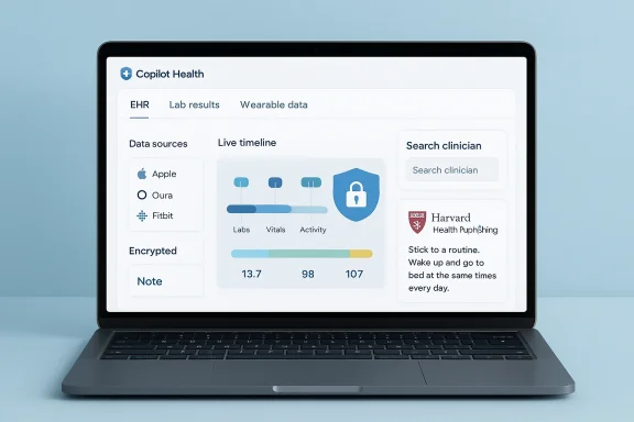 Laptop screen shows Copilot Health EHR dashboard with data sources and live timeline.