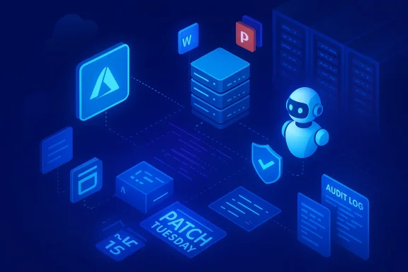 A blue isometric data center with a robot, servers, and icons for AI, cloud, and patch Tuesday.