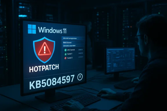 Security analyst watches a Windows 11 HOTPATCH alert on a monitor in a dark server room.