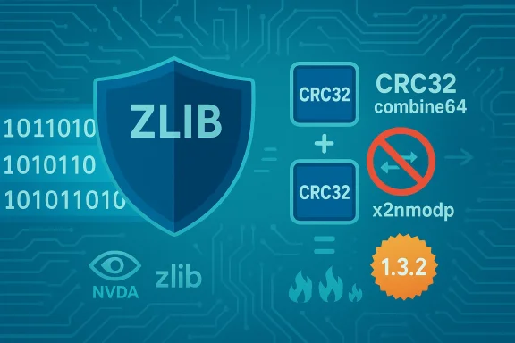 Tech infographic showing a ZLIB shield, CRC32 modules, and version 1.3.2.