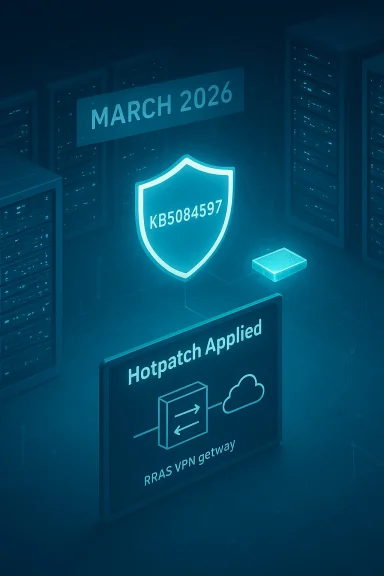 Neon shield KB5084597 glows in a data center, signaling a hotpatch applied (March 2026).