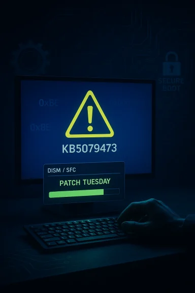 A computer screen shows a yellow warning triangle with code KB5079473 and a Patch Tuesday progress bar.