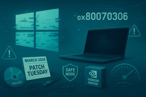 Tech collage featuring Windows logo, a laptop, and a March 2026 Patch Tuesday alert.