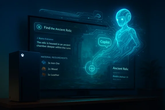 A holographic mission briefing shows finding the ancient relic, with a copilot figure beside an Xbox console.