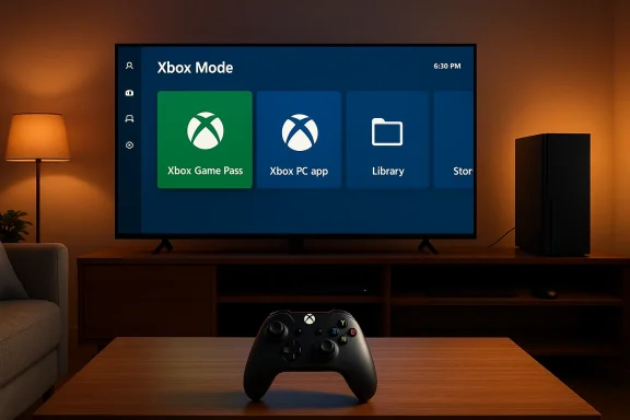 Cozy living room with a large TV showing Xbox Mode tiles and a controller on the coffee table. Cozy living room with a large TV showing Xbox Mode tiles and a controller on the coffee table.