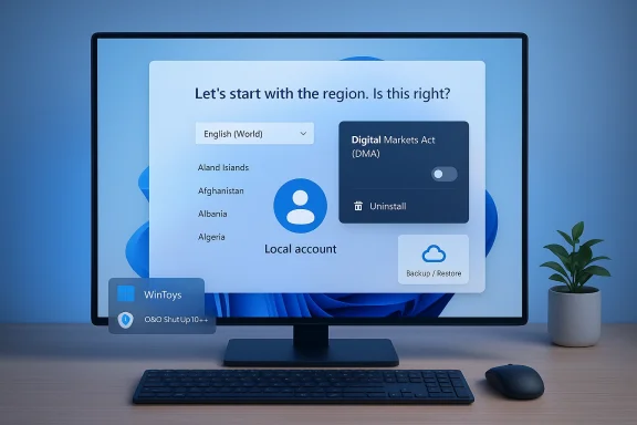 Blue-toned desk setup with a monitor showing a regional setup screen and floating app widgets.