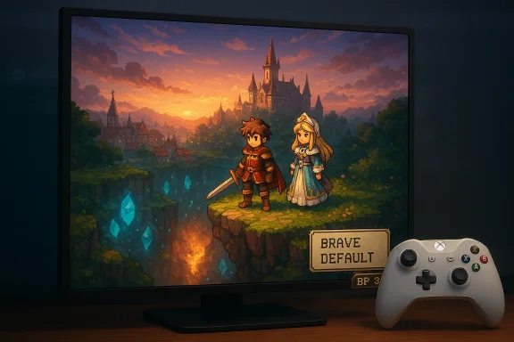 Two chibi heroes stand on a cliff in Brave Default, gazing at a sunset-lit castle.