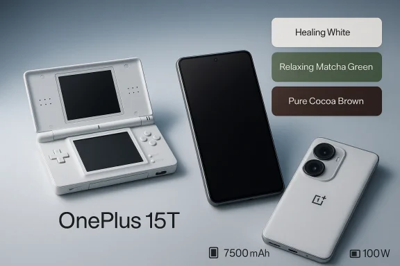OnePlus 15T with 7500 mAh battery and 100W charging, shown alongside a Nintendo DS and a modern phone.