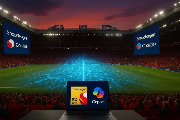 A stadium presentation with Snapdragon Copilot banners and a glowing blue neural-network pattern across the pitch.