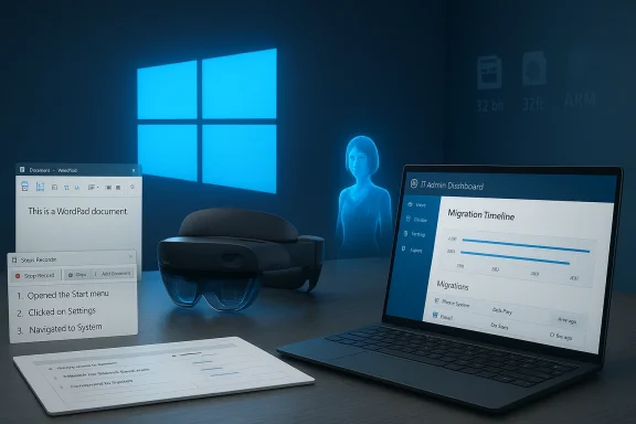 A futuristic Windows workspace with a VR headset, blue holographic figure, and IT dashboards.